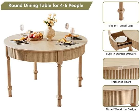 47'' Round Dining Table for 4-6, Modern Farmhouse Fluted Kitchen Table Dinner Table with 2 Storage Drawers, Wooden Circle Dining Tables with Solid Wood Legs for Home Dining Room Living Room, Natural