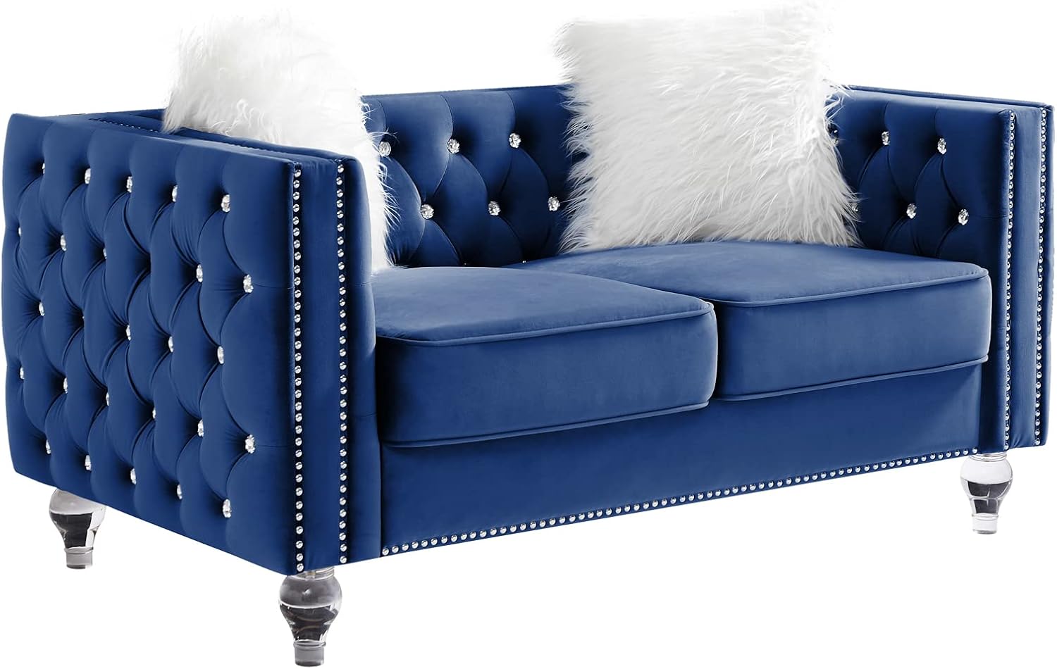 mikibama Velvet 3 Seater Sofa Couch with Buttons and Square Arms 83.07 Inch Tufted 3-seat Sofas with Trimmed Nailhead and Acrylic Legs Modern Couches for Living Room (Navy Blue-Crystal Legs, Sofa)