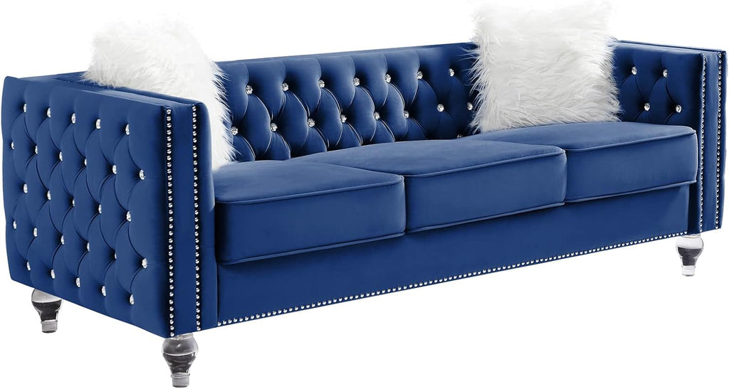 mikibama Velvet 3 Seater Sofa Couch with Buttons and Square Arms 83.07 Inch Tufted 3-seat Sofas with Trimmed Nailhead and Acrylic Legs Modern Couches for Living Room (Navy Blue-Crystal Legs, Sofa)