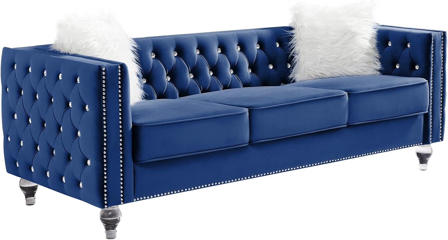 mikibama Velvet 3 Seater Sofa Couch with Buttons and Square Arms 83.07 Inch Tufted 3-seat Sofas with Trimmed Nailhead and Acrylic Legs Modern Couches for Living Room (Navy Blue-Crystal Legs, Sofa)
