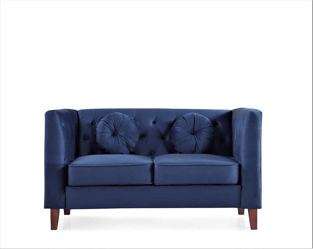 Kittleson Classic Chesterfield Velvet Loveseat Sofa with Elegant Button Tufted Backrest, Square Legs, High-Density Foam & Accent Pillows, 2 Seater Couch for Living Room, Love Seat, Dark Blue