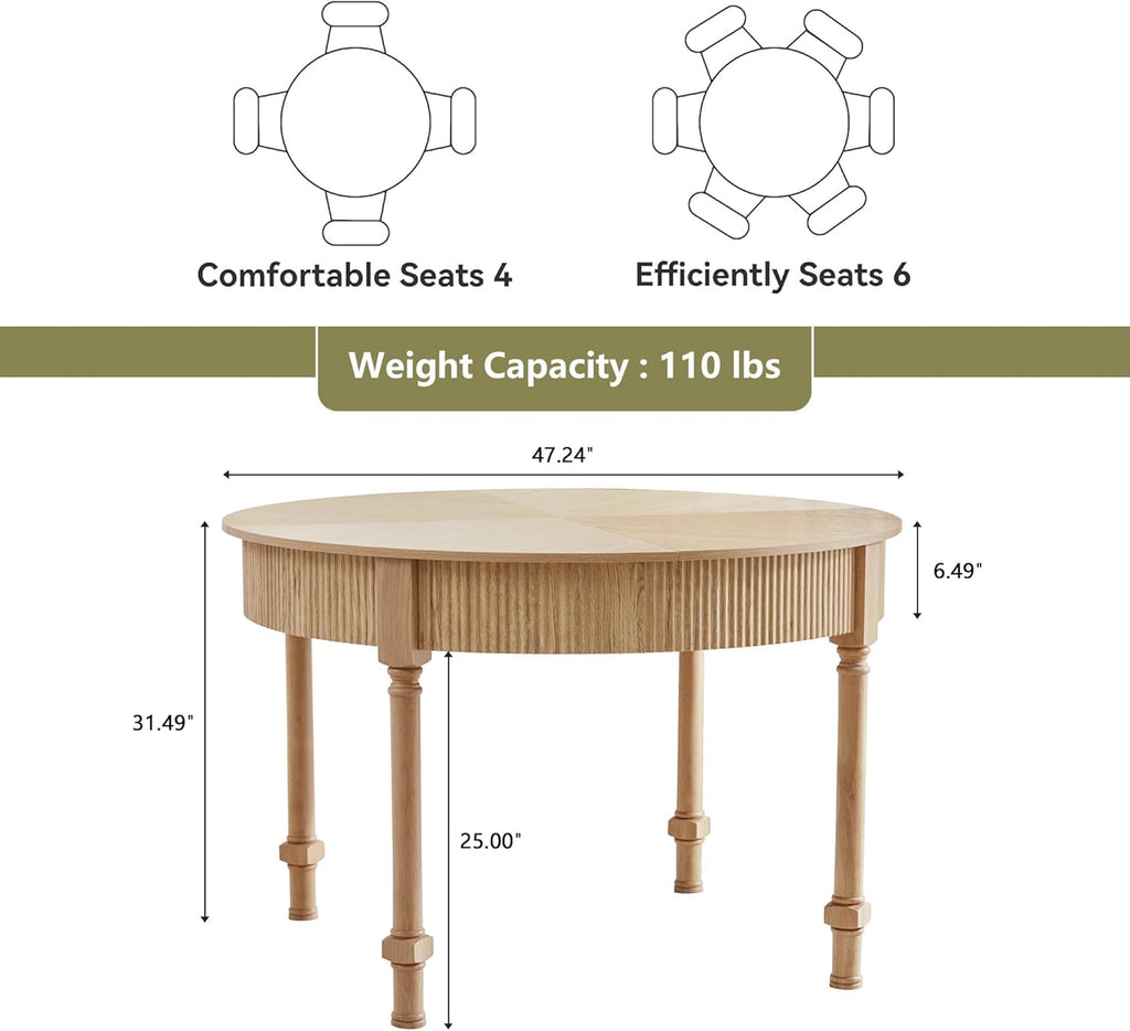 47'' Round Dining Table for 4-6, Modern Farmhouse Fluted Kitchen Table Dinner Table with 2 Storage Drawers, Wooden Circle Dining Tables with Solid Wood Legs for Home Dining Room Living Room, Natural