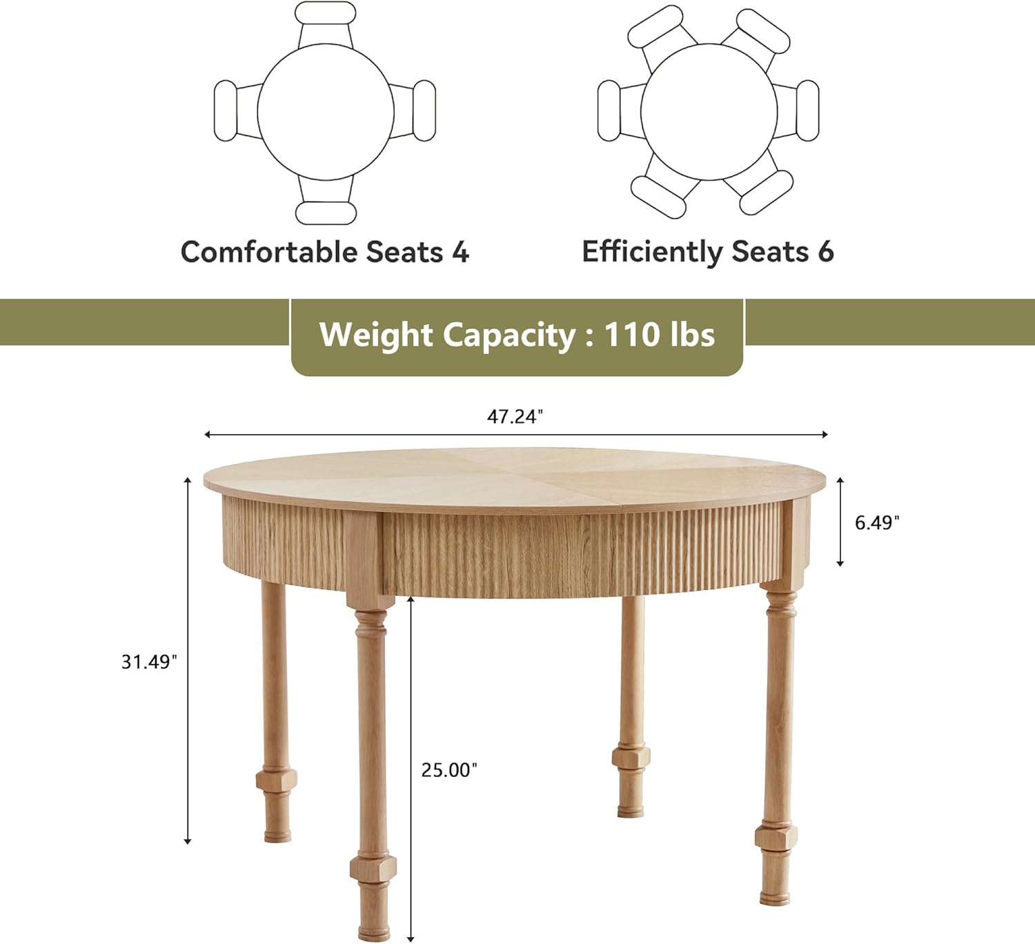 47'' Round Dining Table for 4-6, Modern Farmhouse Fluted Kitchen Table Dinner Table with 2 Storage Drawers, Wooden Circle Dining Tables with Solid Wood Legs for Home Dining Room Living Room, Natural