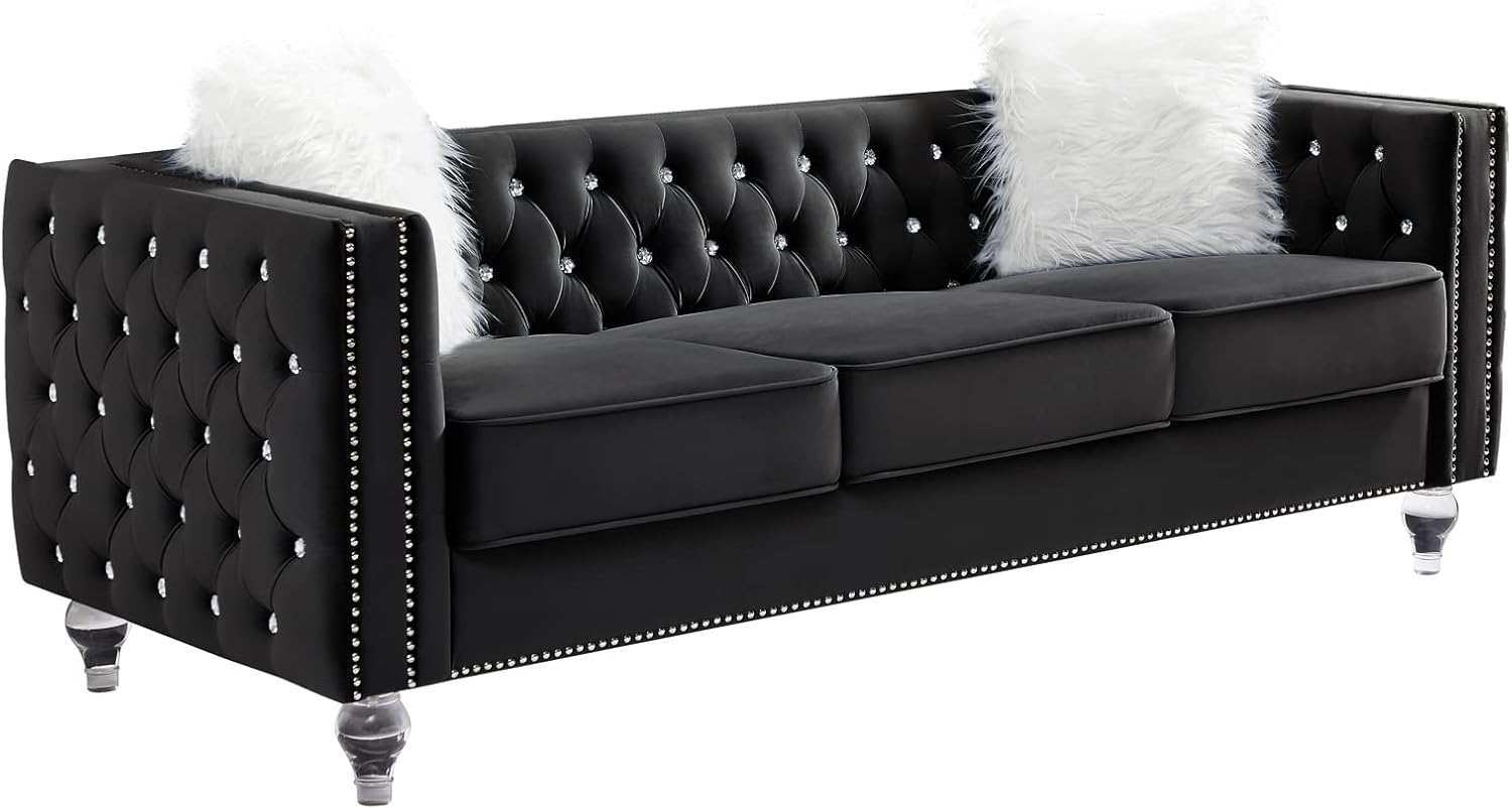 mikibama Velvet 3 Seater Sofa Couch with Buttons and Square Arms 83.07 Inch Tufted 3-seat Sofas with Trimmed Nailhead and Acrylic Legs Modern Couches for Living Room (Navy Blue-Crystal Legs, Sofa)