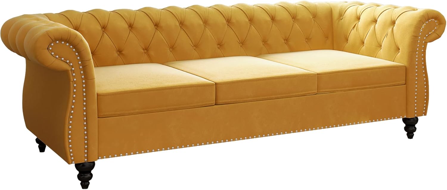 Chesterfield Sofa Velvet, Modern Tufted Couch 3 Seater with Rolled Arms and Nailhead for Living Room, Bedroom, Office, Apartment (Mango)