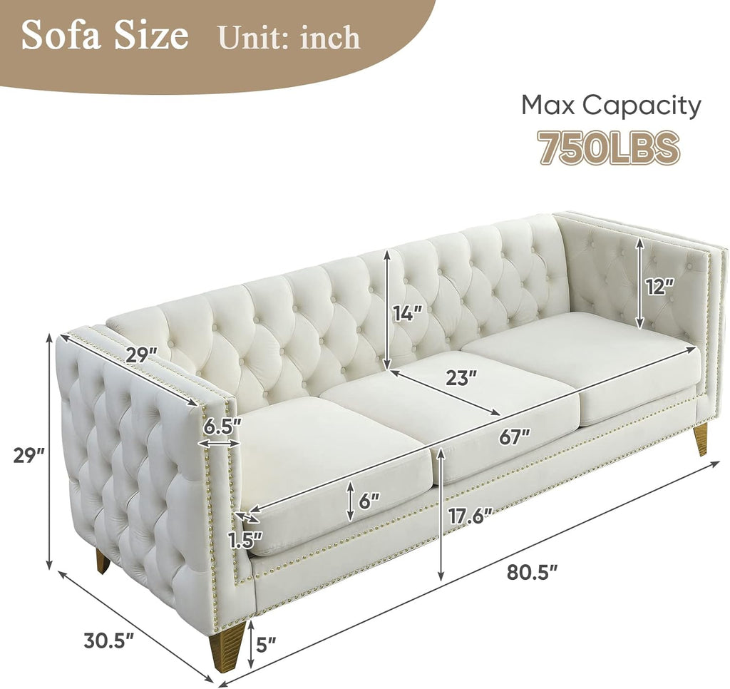Antetek Comfy Upholstered Couches for Living Room, 80-inch Modern Button Tufted 3-Seater Sofa w/Square Arm, 4 Golden Metal Legs and Gold Nail Heads for Living Room, Office, Apartment, Beige