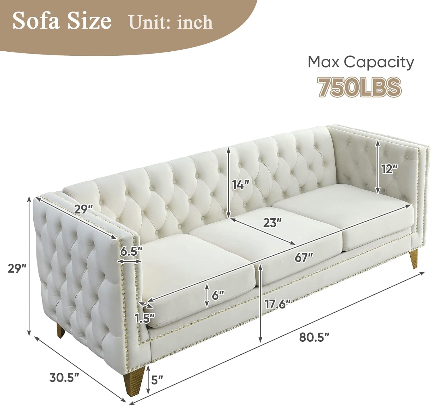 Antetek Comfy Upholstered Couches for Living Room, 80-inch Modern Button Tufted 3-Seater Sofa w/Square Arm, 4 Golden Metal Legs and Gold Nail Heads for Living Room, Office, Apartment, Beige