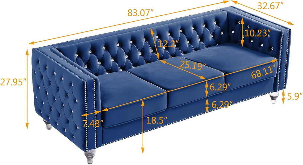 mikibama Velvet 3 Seater Sofa Couch with Buttons and Square Arms 83.07 Inch Tufted 3-seat Sofas with Trimmed Nailhead and Acrylic Legs Modern Couches for Living Room (Navy Blue-Crystal Legs, Sofa)