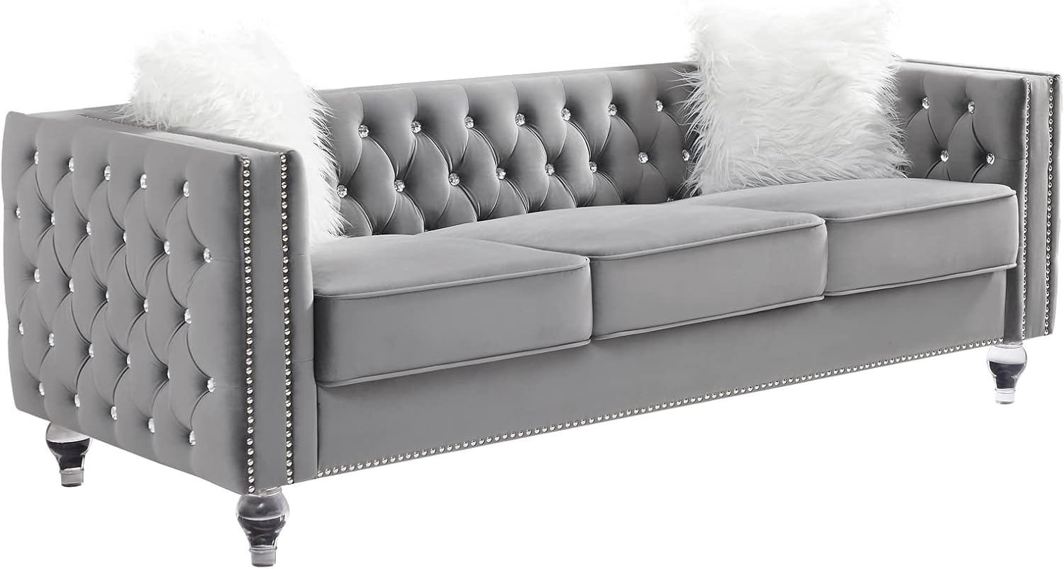 mikibama Velvet 3 Seater Sofa Couch with Buttons and Square Arms 83.07 Inch Tufted 3-seat Sofas with Trimmed Nailhead and Acrylic Legs Modern Couches for Living Room (Navy Blue-Crystal Legs, Sofa)