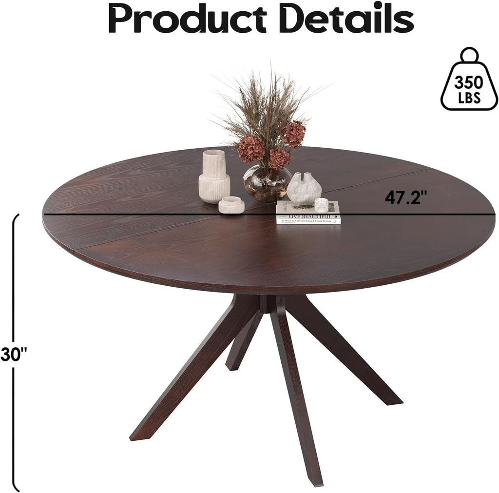 Soohow 47.2" Solid Wood Round Dining Kitchen Table for 4-6 People with Intersecting Pedestal Base