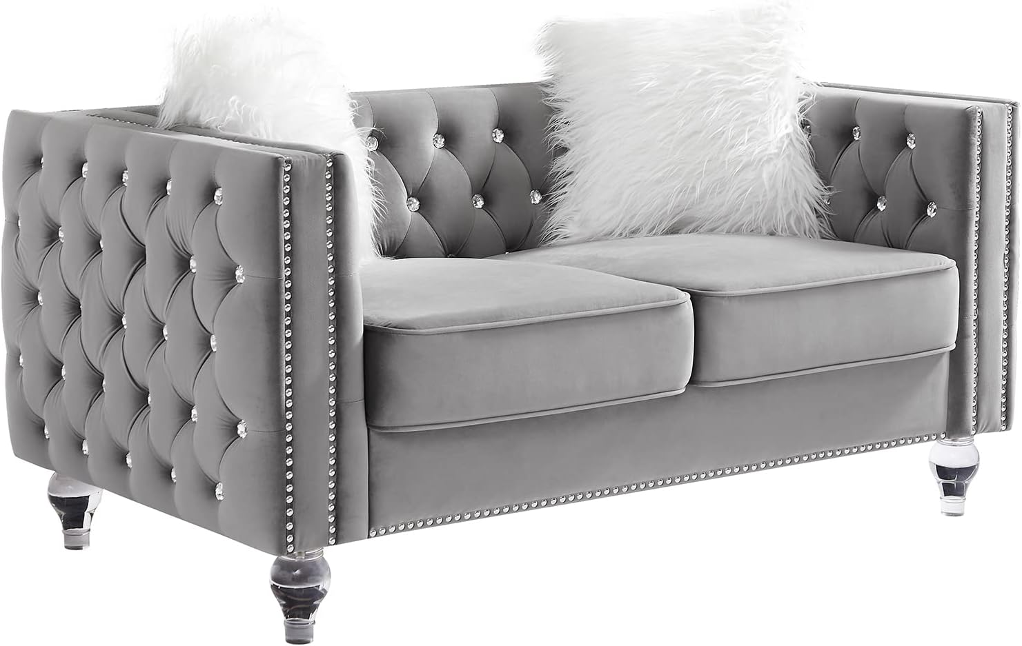 mikibama Velvet 3 Seater Sofa Couch with Buttons and Square Arms 83.07 Inch Tufted 3-seat Sofas with Trimmed Nailhead and Acrylic Legs Modern Couches for Living Room (Navy Blue-Crystal Legs, Sofa)
