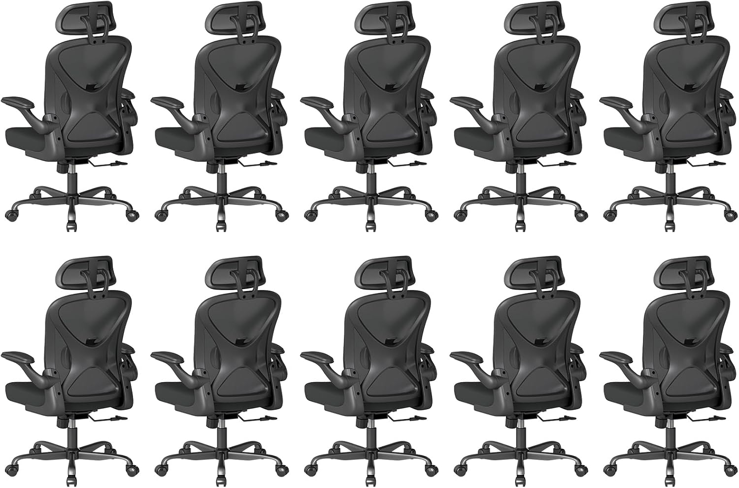 ZZH Ergonomic Office Chair Set of 6 with Adjustable Lumbar Support and Headrest, Mesh Home Office Desk Chair with Wheels and Flip-up Arms, Black