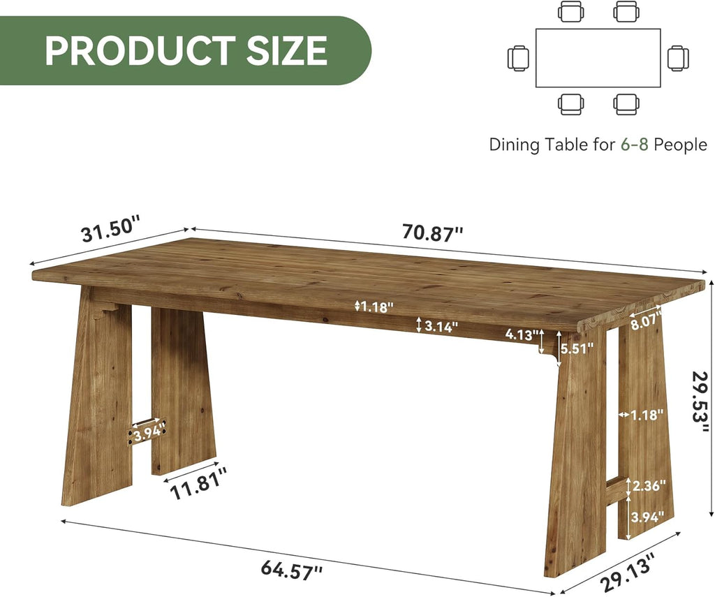 70.87" Dining Table with Unique Wood Base, Solid Wood Kitchen Table for 6-8, Modern Rectangle Kitchen and Dining Room Furniture, Brown