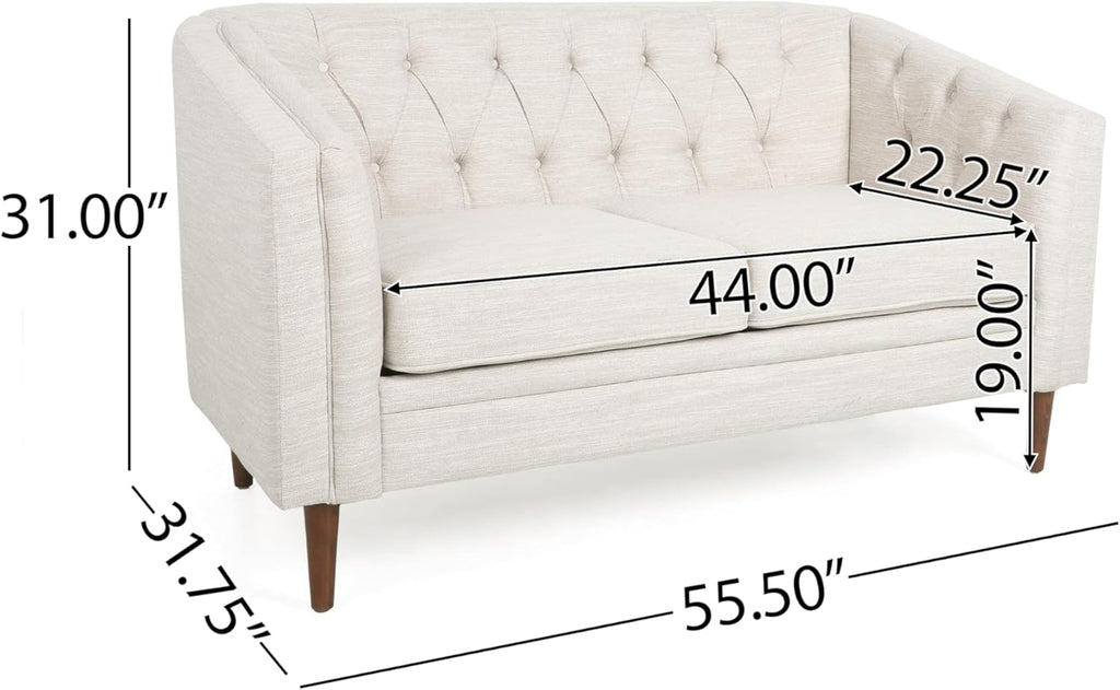 Christopher Knight Home Contemporary Tufted and Diamond Stitching Fabric Loveseat,Tub-Design 2-Seater Sofa, Removable Cushions, Birch Wood Legs, Square Arms, Beige and Espresso