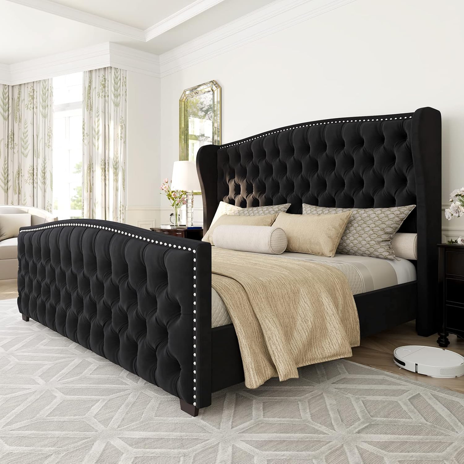 AMERLIFE Queen Size Platform Bed Frame, Velvet Upholstered Bed with Deep Button Tufted & Nailhead Trim Wingback Headboard/No Box Spring Needed/Grey