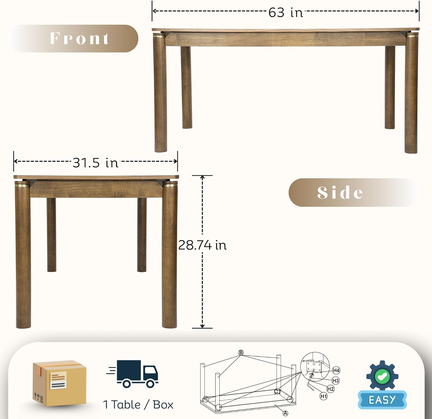 Solid Wood Dining Table for 4-6, 63 Inch Mid Century Modern Rectangular Kitchen Table with Gold Ring Decoration, Farmhouse Dinner Table for Dining Room/Home Office/Restaurant, Walnut