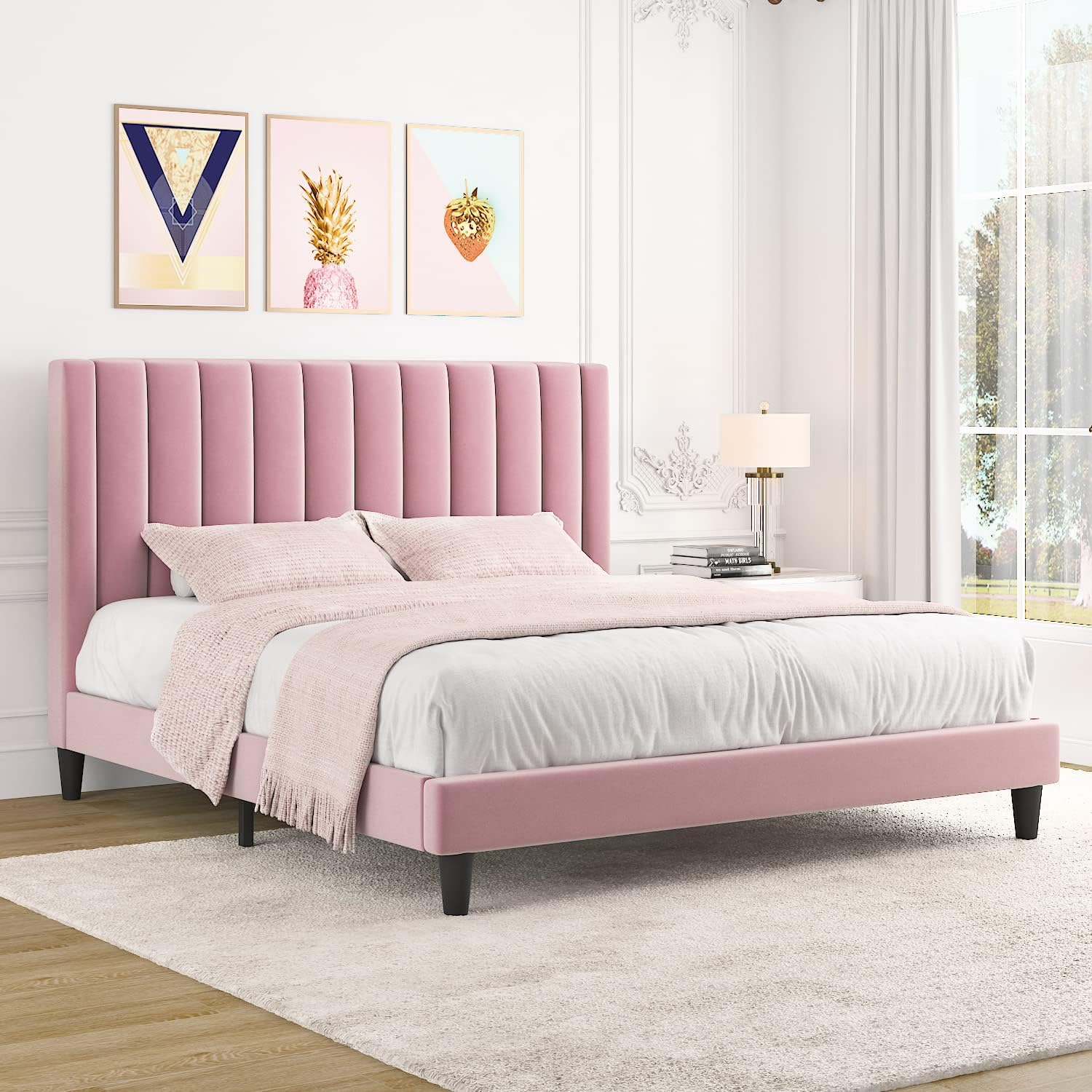 Allewie Queen Bed Frame/Velvet Upholstered Bed Frame with Vertical Channel Tufted Headboard/Strong Wooden Slats/Platform Bed Frame/Mattress Foundation/Box Spring Optional/Easy Assembly/White