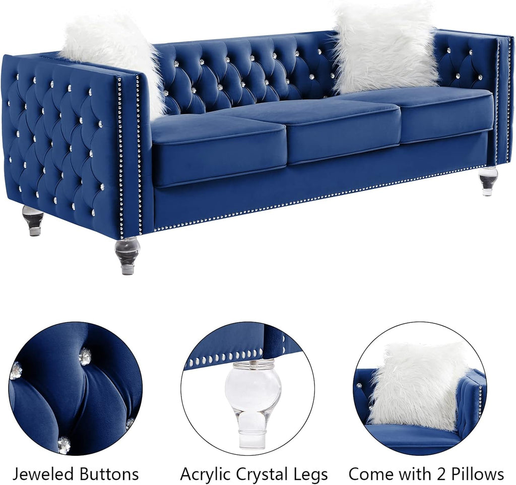 mikibama Velvet 3 Seater Sofa Couch with Buttons and Square Arms 83.07 Inch Tufted 3-seat Sofas with Trimmed Nailhead and Acrylic Legs Modern Couches for Living Room (Navy Blue-Crystal Legs, Sofa)