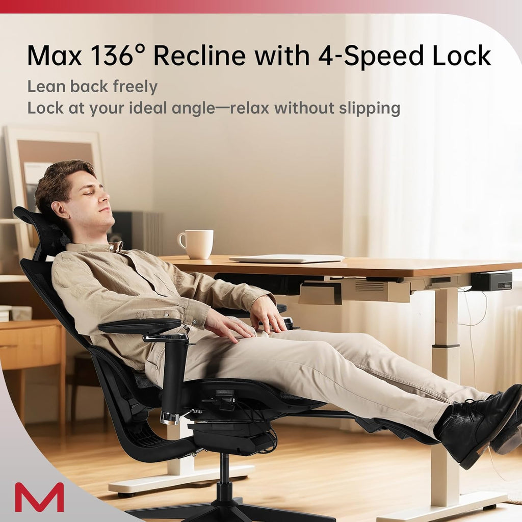 Ergonomic Office Chair with Footrest, Office Chairs with DTS Dynamic Lumbar Support, Desk Chairs with 4D Armrest, 136° Recline,Mesh Back Desk Chair with 3D Headrest, Adjustable Computer Chair