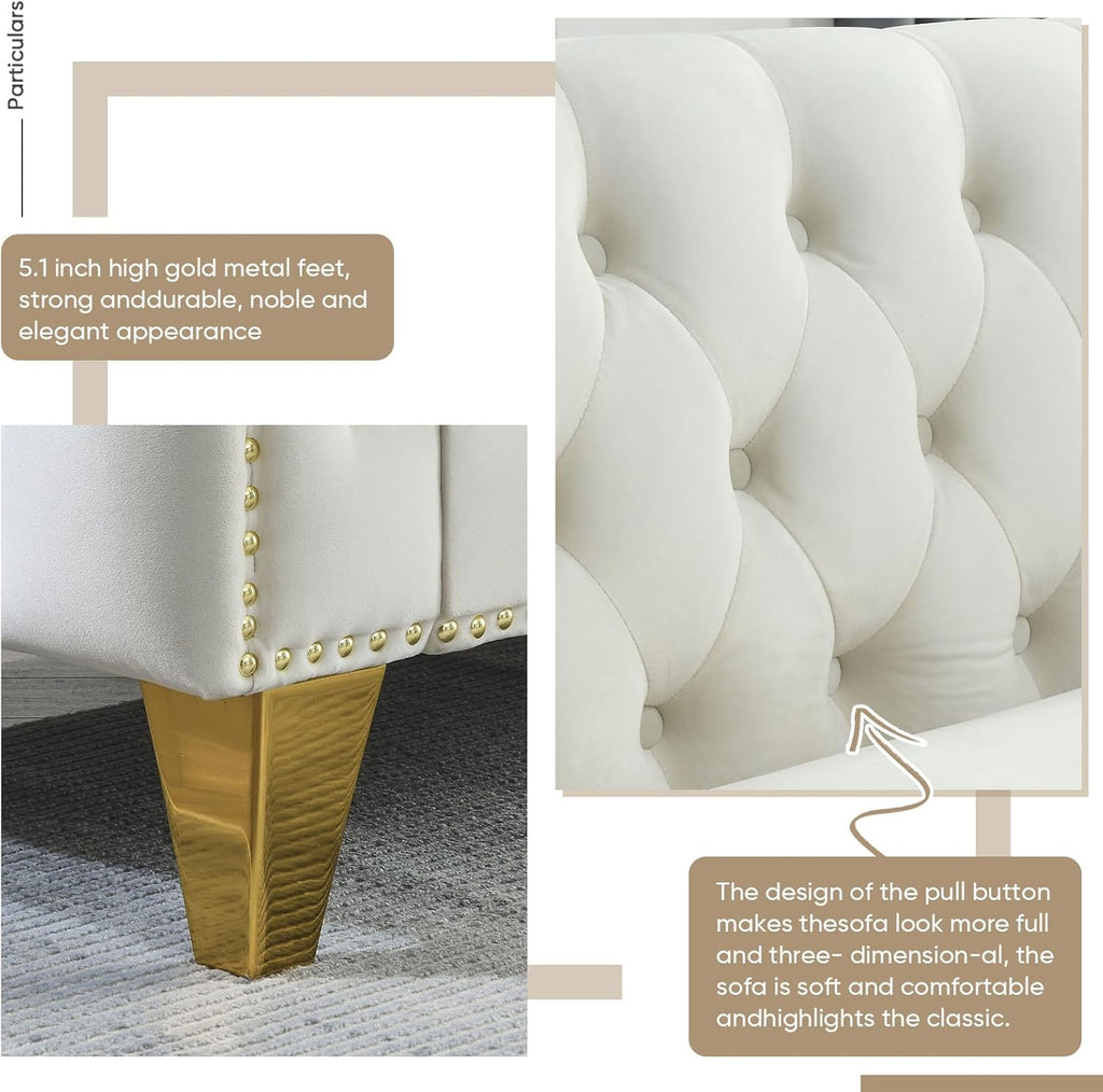Antetek Comfy Upholstered Couches for Living Room, 80-inch Modern Button Tufted 3-Seater Sofa w/Square Arm, 4 Golden Metal Legs and Gold Nail Heads for Living Room, Office, Apartment, Beige
