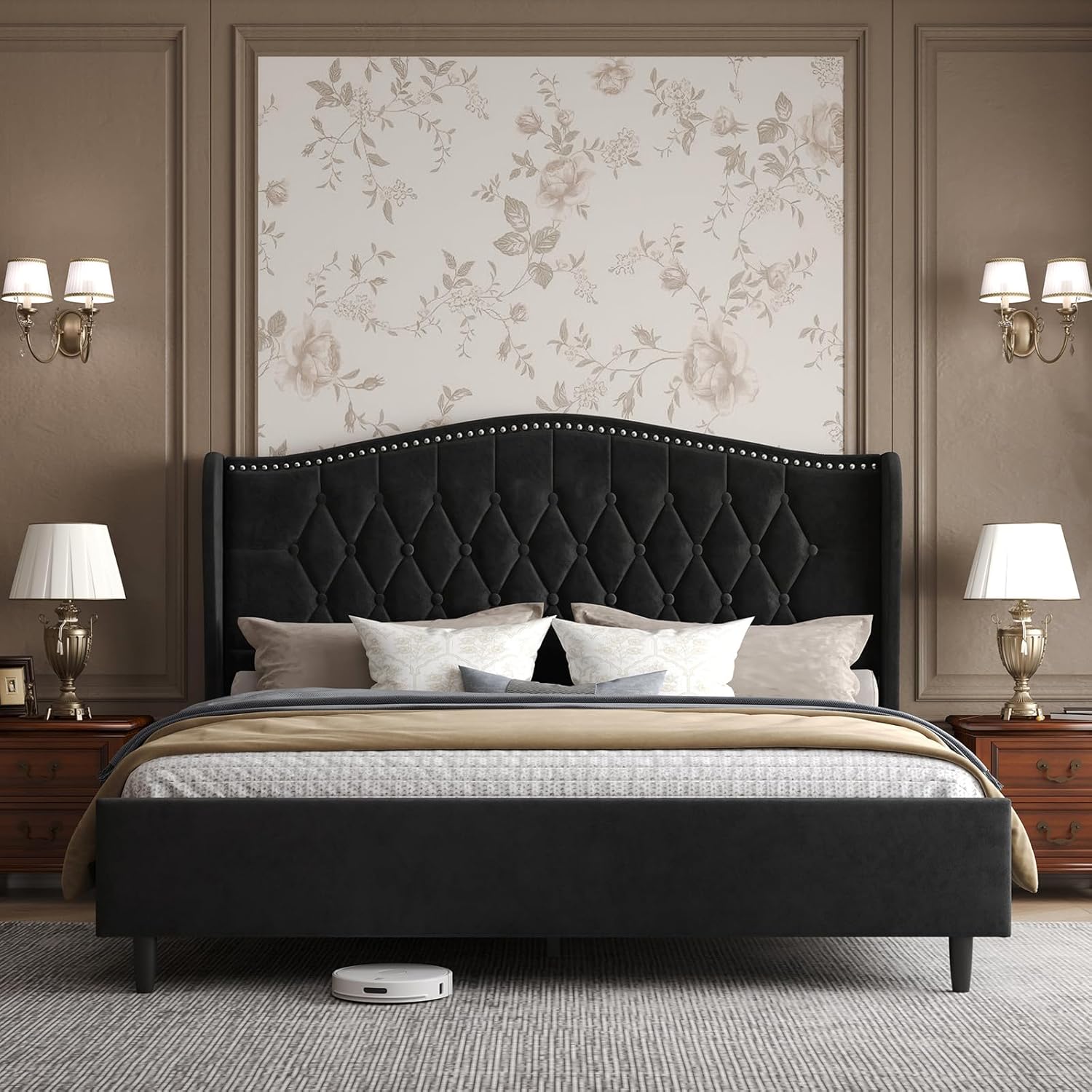 Belffin King Bed Frame and Headboard, Luxury Upholstered Velvet Platform Bed with Wingback, Button Tufted & Nailhead Trim, Anti-Slide Tall Footboard, No Box Spring Needed, Noise-Free, Black