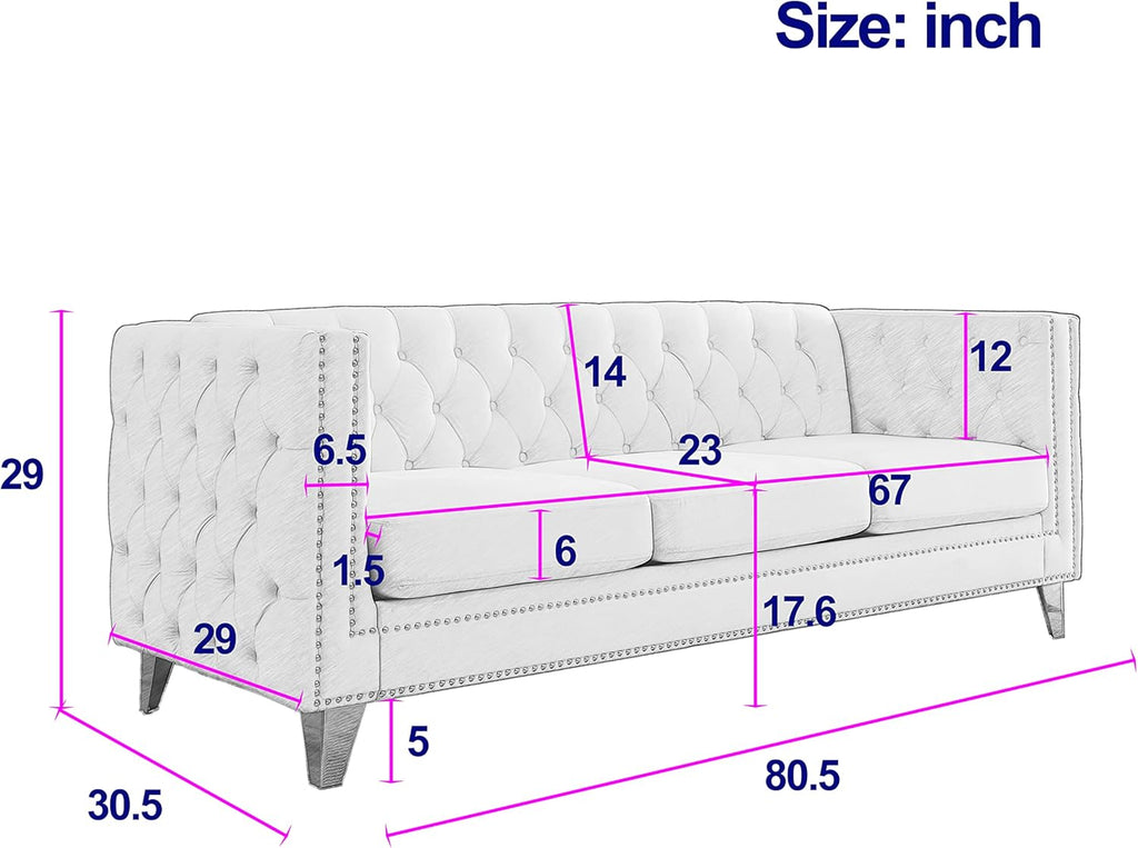 KEIKI Tufted Velvet 3 Seat Sofa Couch for Living Room, Buttons Tufted Square Arm Couch for Home Apartment, Black