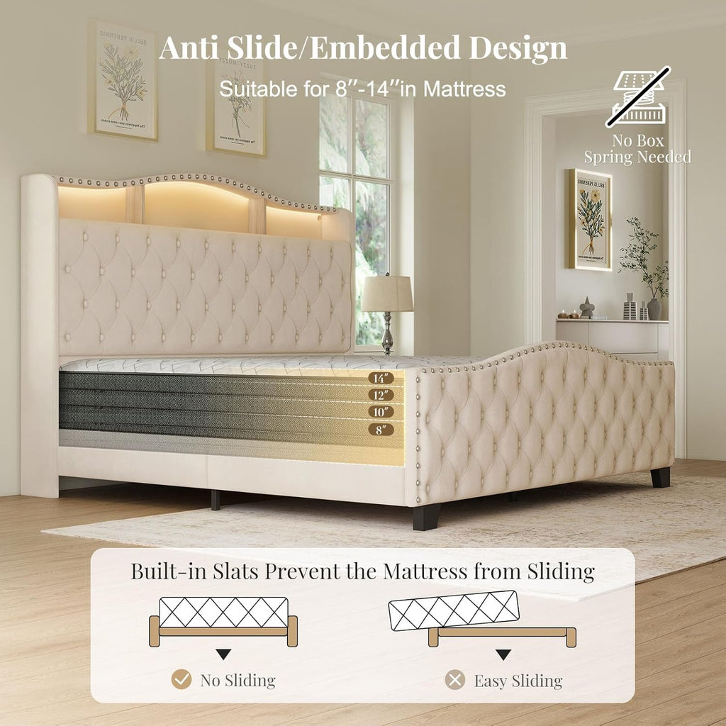 Belffin King Size Bed Frame and Headboard, 50.9" Velvet Upholstered Wingback Bedframe with LED Lights & Storage/Charging Station, Button Tufted Tall Footboard, No Box Spring Needed, Noise-Free, Beige