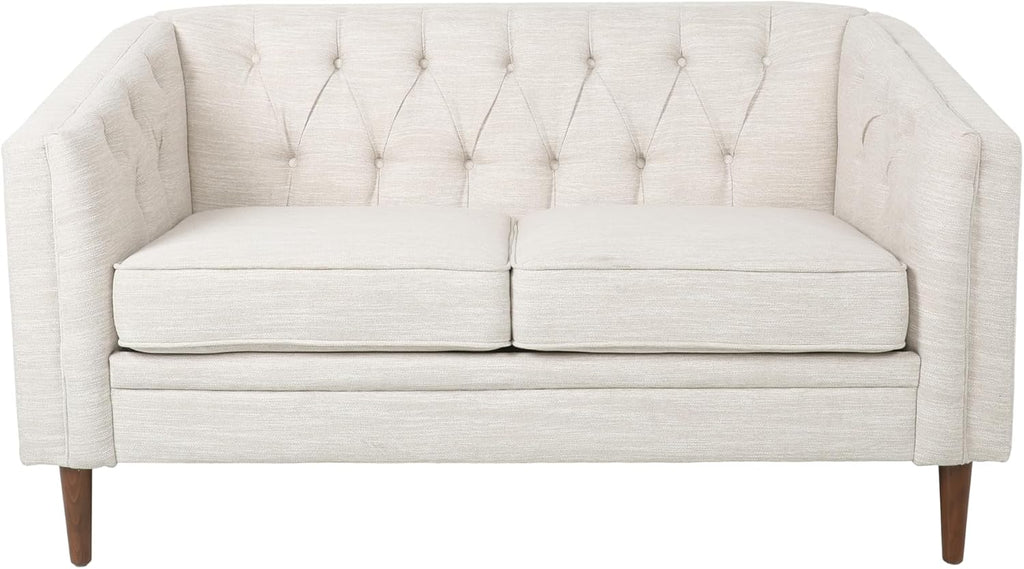 Christopher Knight Home Contemporary Tufted and Diamond Stitching Fabric Loveseat,Tub-Design 2-Seater Sofa, Removable Cushions, Birch Wood Legs, Square Arms, Beige and Espresso