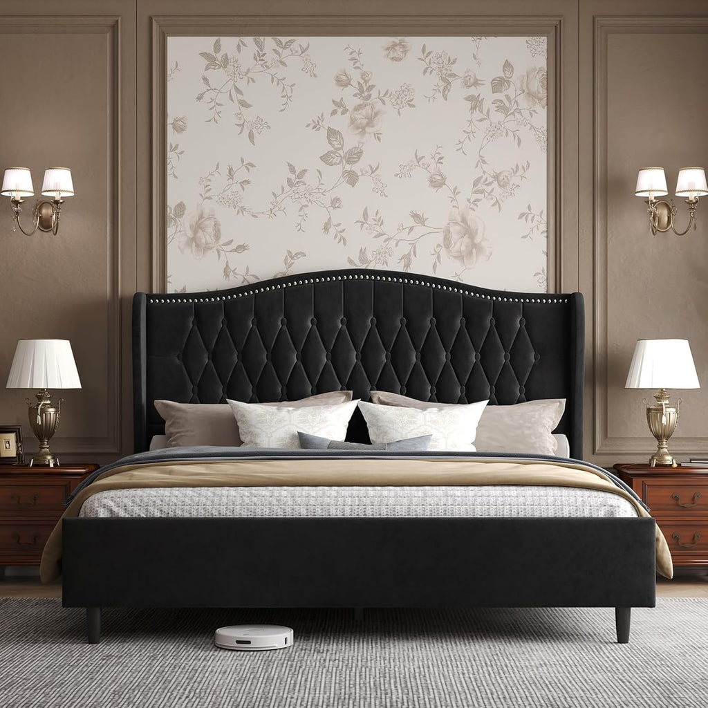 Belffin King Bed Frame and Headboard, Luxury Upholstered Velvet Platform Bed with Wingback, Button Tufted & Nailhead Trim, Anti-Slide Tall Footboard, No Box Spring Needed, Noise-Free, Black