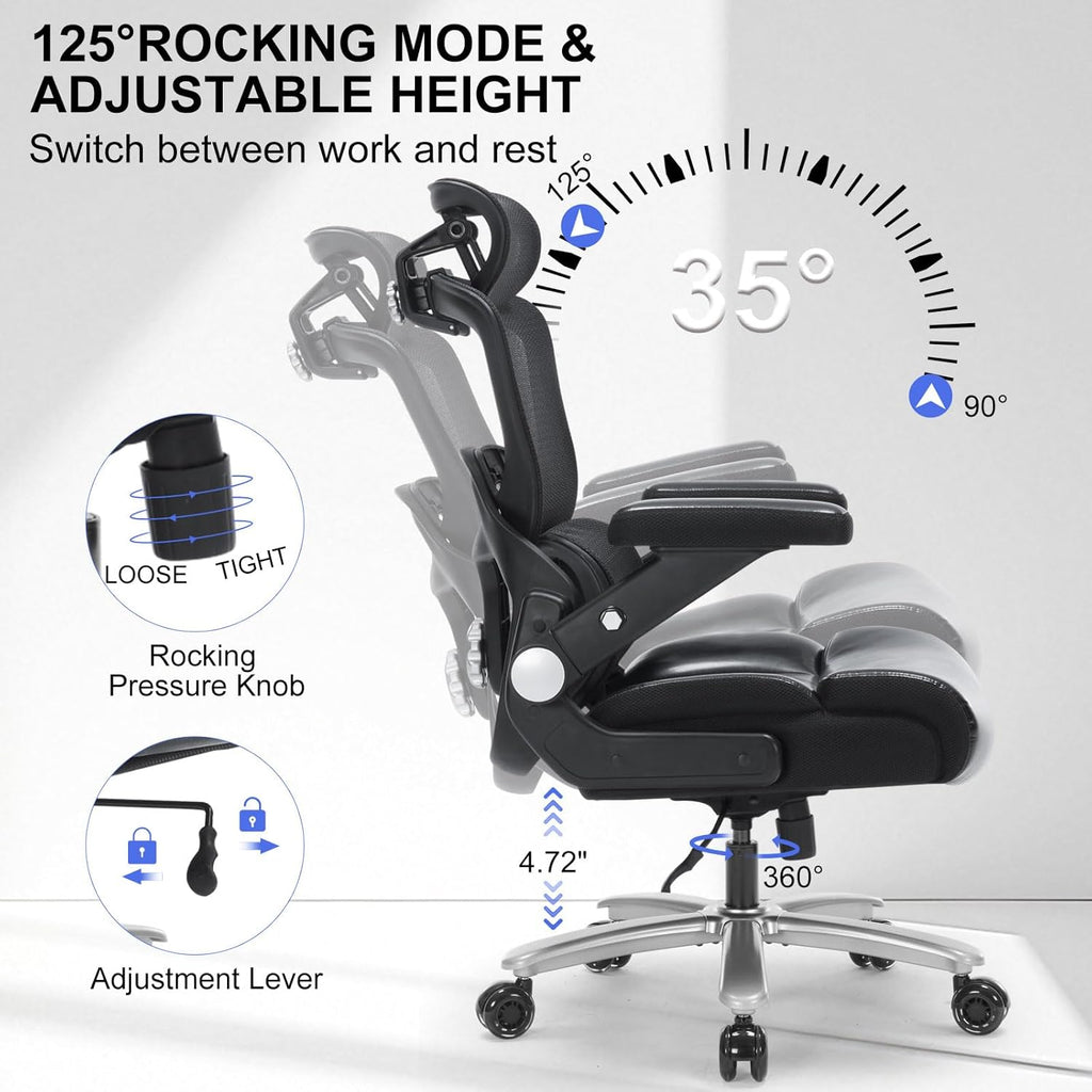 Big and Tall Office Chair 500lbs Wide Seat, PU Leather High Back Executive Office Chair with 3D Headrest and Armrests,Ergonomic Chairs with Lumbar Support