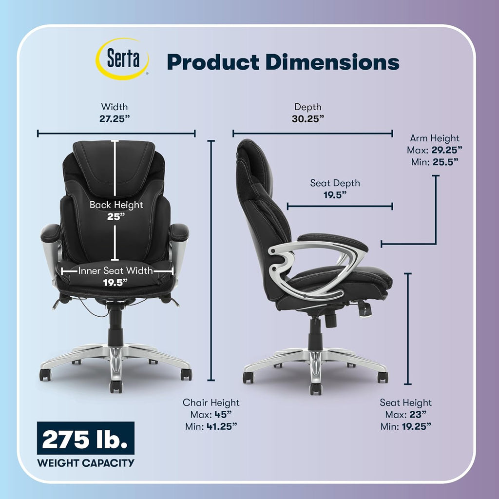 Serta Bryce Executive Office Chair, Ergonomic Computer DeskChairs with Patented AIR Lumbar Support, Comfy Body Pillows, Height Adjustable, Swivel Base with Wheels, Bonded Leather, Black