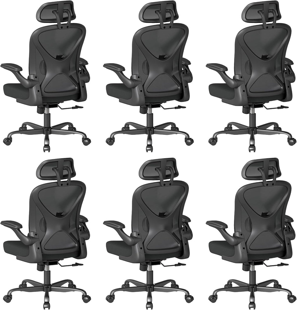 ZZH Ergonomic Office Chair Set of 6 with Adjustable Lumbar Support and Headrest, Mesh Home Office Desk Chair with Wheels and Flip-up Arms, Black