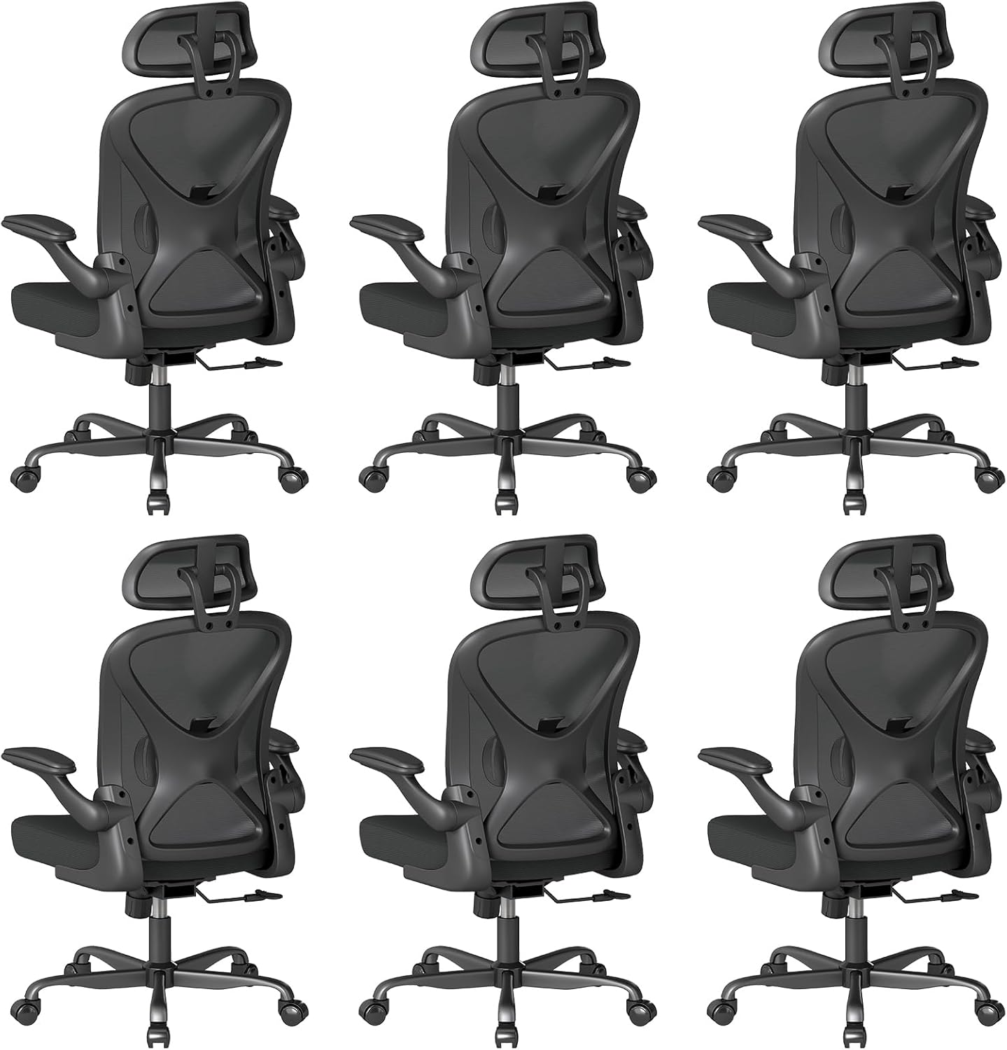 ZZH Ergonomic Office Chair Set of 6 with Adjustable Lumbar Support and Headrest, Mesh Home Office Desk Chair with Wheels and Flip-up Arms, Black