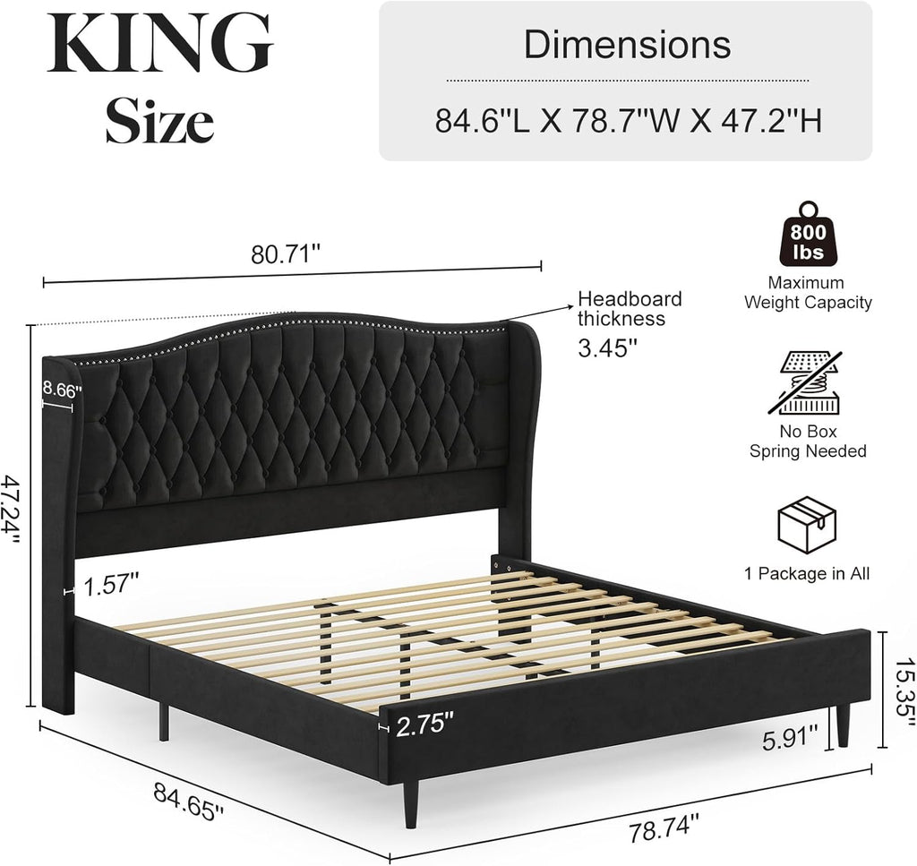 Belffin King Bed Frame and Headboard, Luxury Upholstered Velvet Platform Bed with Wingback, Button Tufted & Nailhead Trim, Anti-Slide Tall Footboard, No Box Spring Needed, Noise-Free, Black