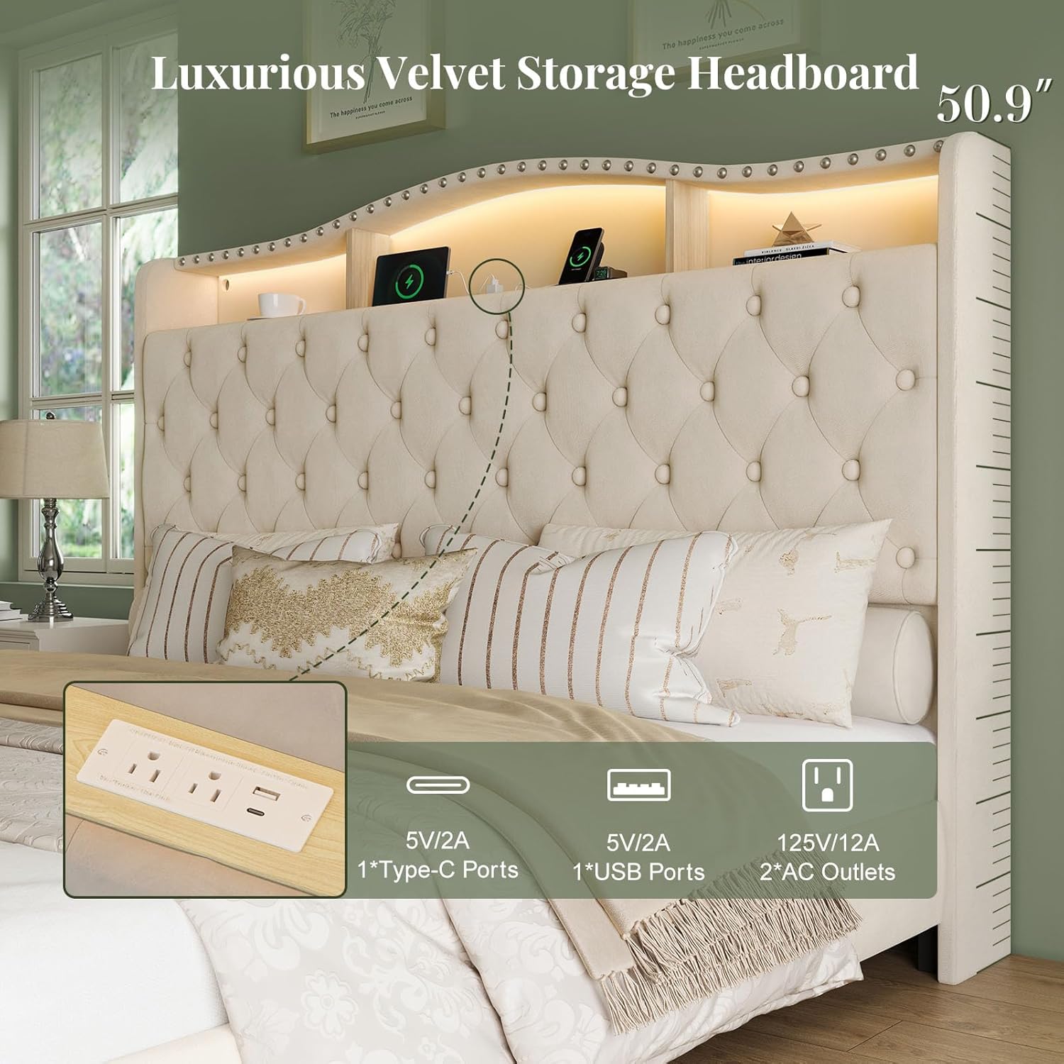 Belffin King Size Bed Frame and Headboard, 50.9" Velvet Upholstered Wingback Bedframe with LED Lights & Storage/Charging Station, Button Tufted Tall Footboard, No Box Spring Needed, Noise-Free, Beige