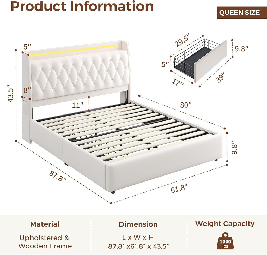 Queen LED Velvet Bed Frame with 2 Storage Drawers&Hidden Headboard, Upholstered Platform Bed with Charging Station&Button Tufted Design, Wooden Slats Support, Box Spring Optional, Easy Assembly, Beige