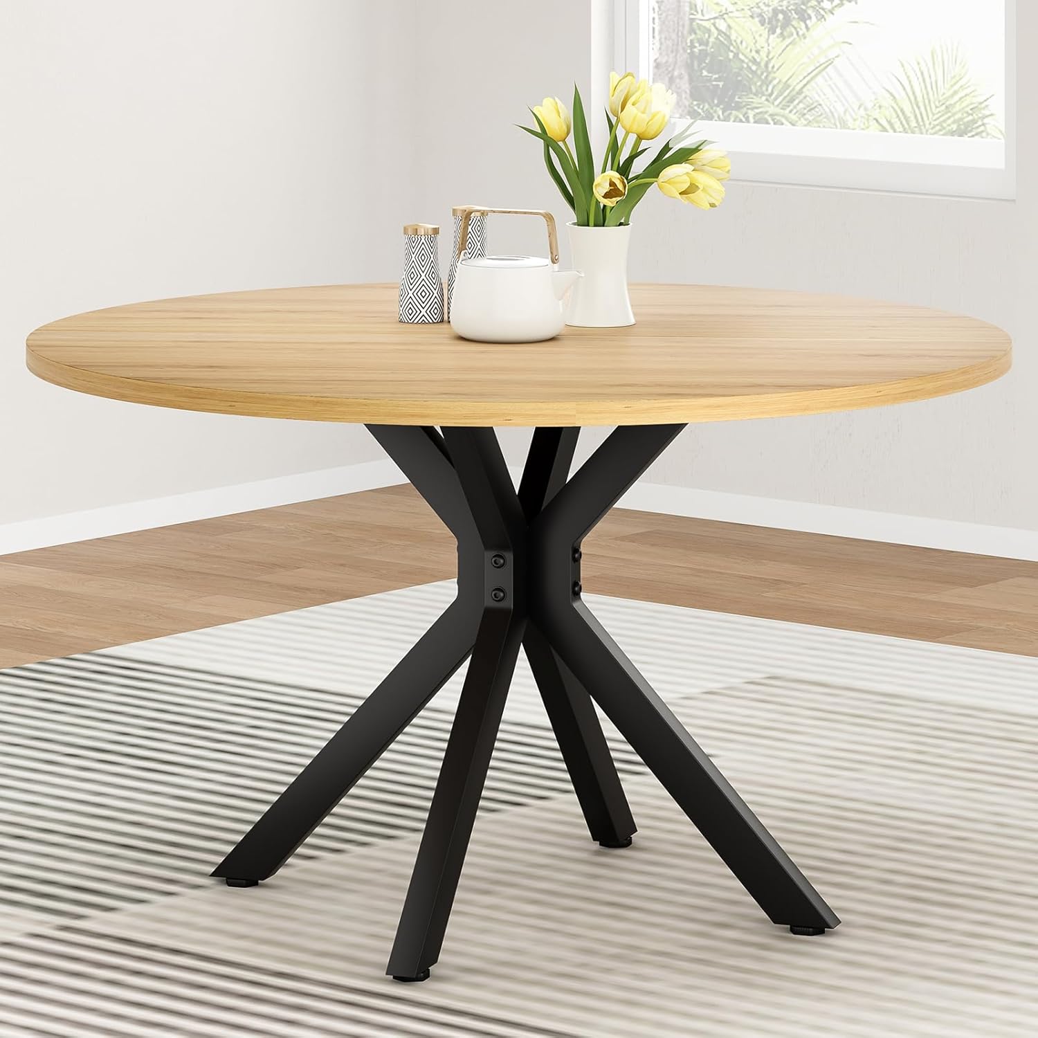 Soohow 47.2" Solid Wood Round Dining Kitchen Table for 4-6 People with Intersecting Pedestal Base