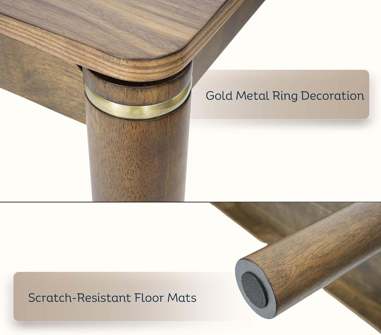 Solid Wood Dining Table for 4-6, 63 Inch Mid Century Modern Rectangular Kitchen Table with Gold Ring Decoration, Farmhouse Dinner Table for Dining Room/Home Office/Restaurant, Walnut