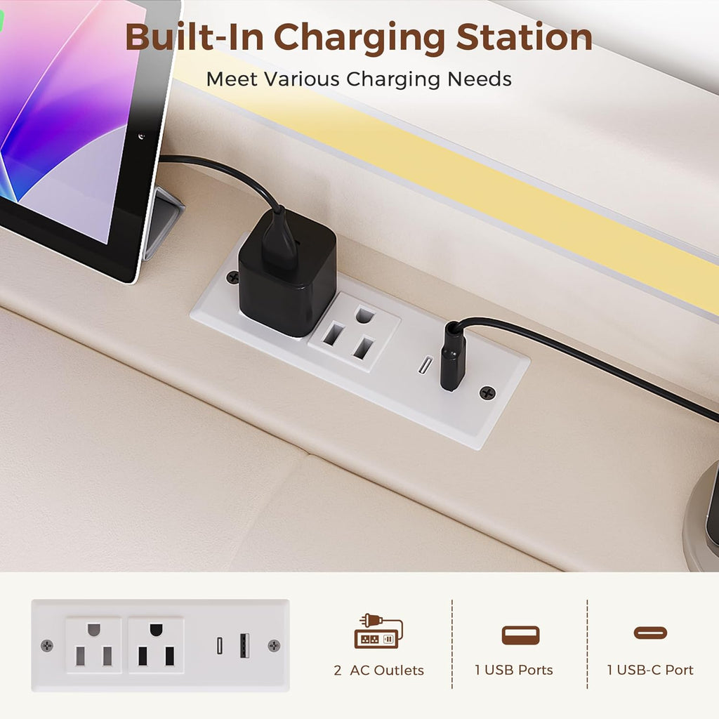 Queen LED Velvet Bed Frame with 2 Storage Drawers&Hidden Headboard, Upholstered Platform Bed with Charging Station&Button Tufted Design, Wooden Slats Support, Box Spring Optional, Easy Assembly, Beige