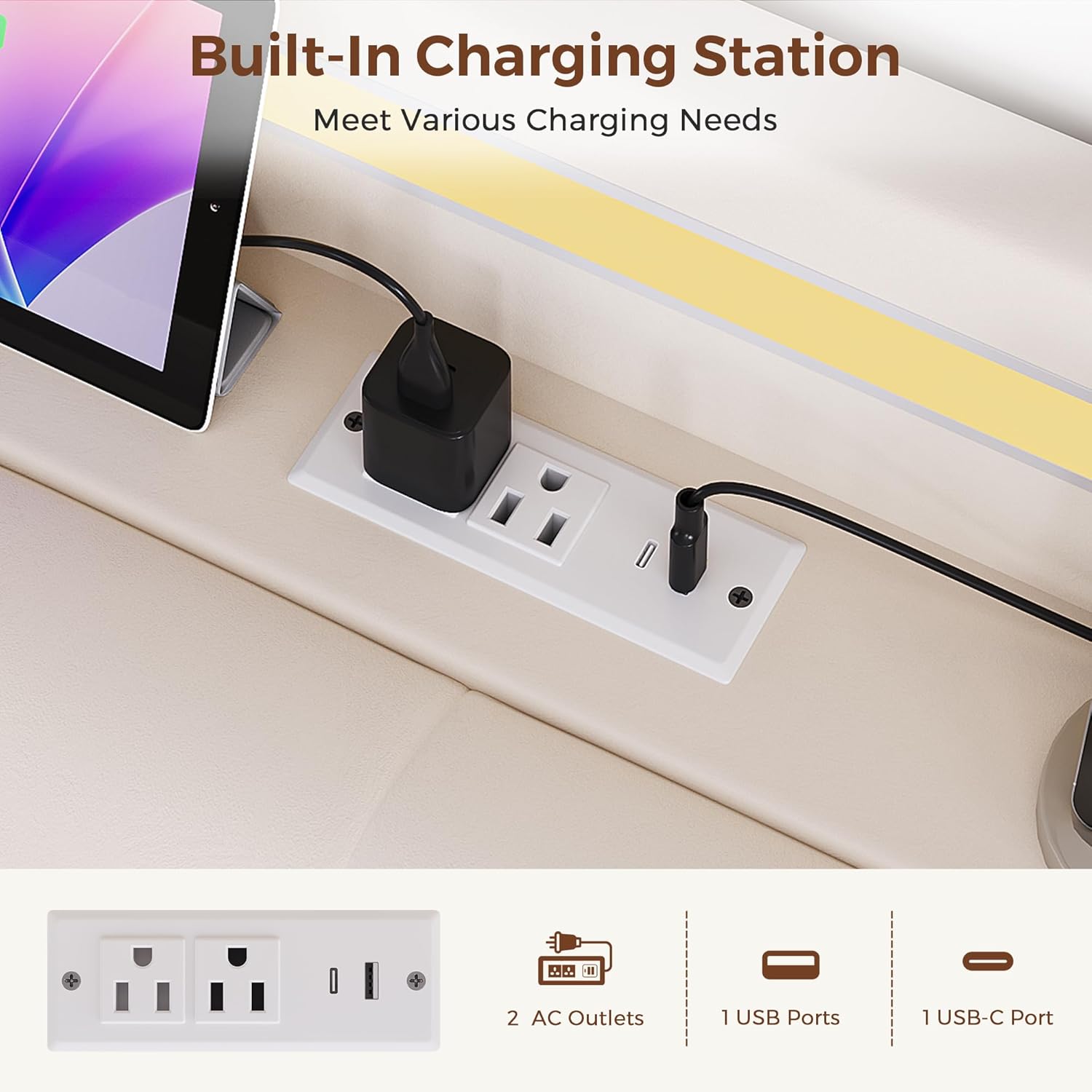 Queen LED Velvet Bed Frame with 2 Storage Drawers&Hidden Headboard, Upholstered Platform Bed with Charging Station&Button Tufted Design, Wooden Slats Support, Box Spring Optional, Easy Assembly, Beige