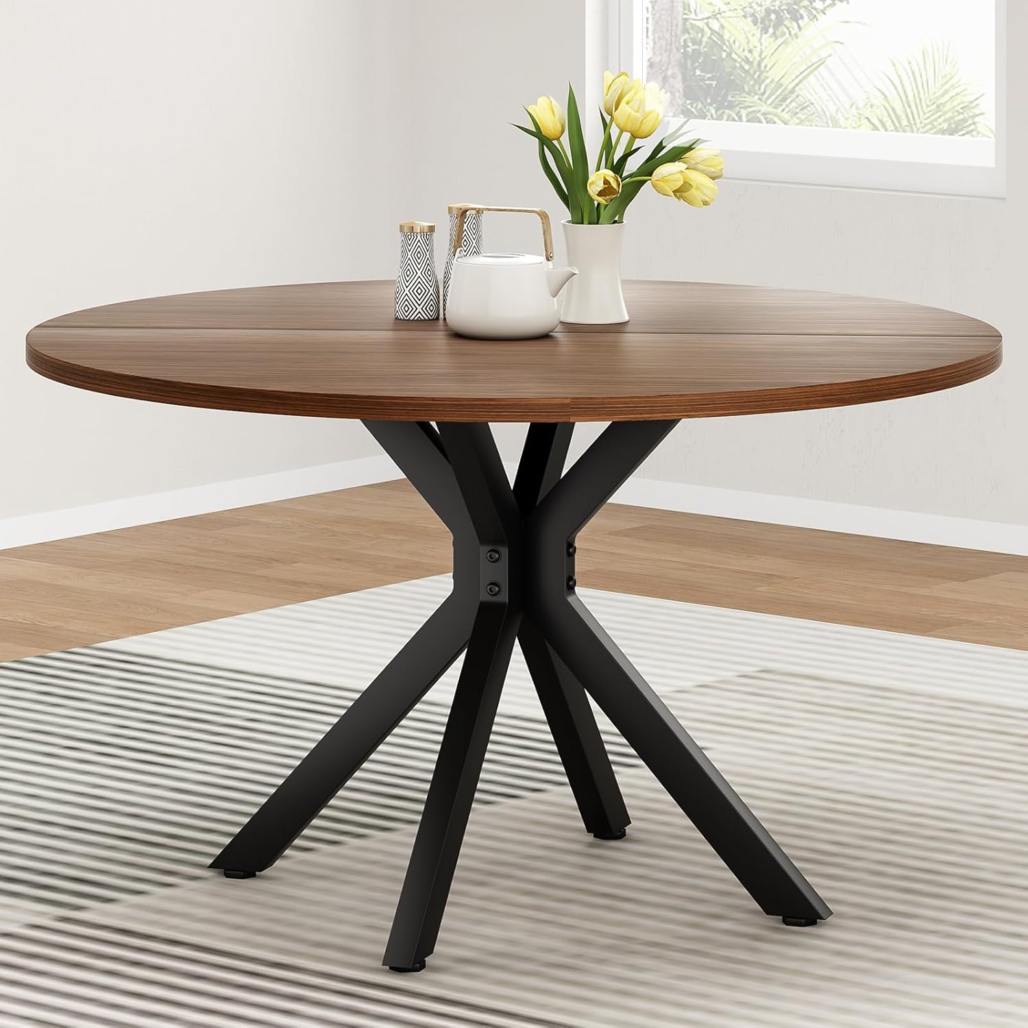 Soohow 47.2" Solid Wood Round Dining Kitchen Table for 4-6 People with Intersecting Pedestal Base