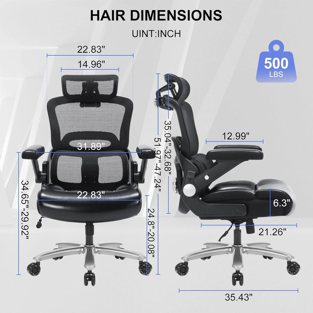 Big and Tall Office Chair 500lbs Wide Seat, PU Leather High Back Executive Office Chair with 3D Headrest and Armrests,Ergonomic Chairs with Lumbar Support