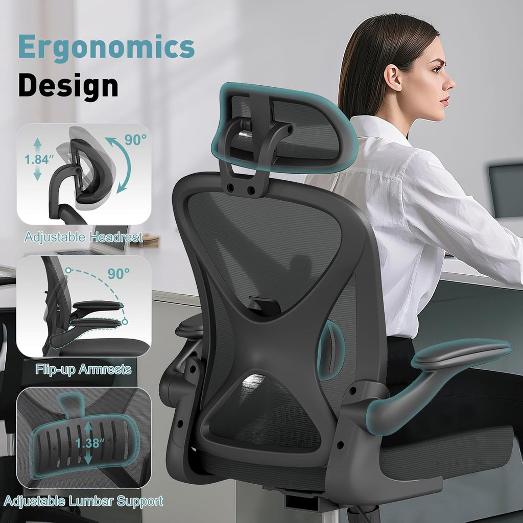 ZZH Ergonomic Office Chair Set of 6 with Adjustable Lumbar Support and Headrest, Mesh Home Office Desk Chair with Wheels and Flip-up Arms, Black