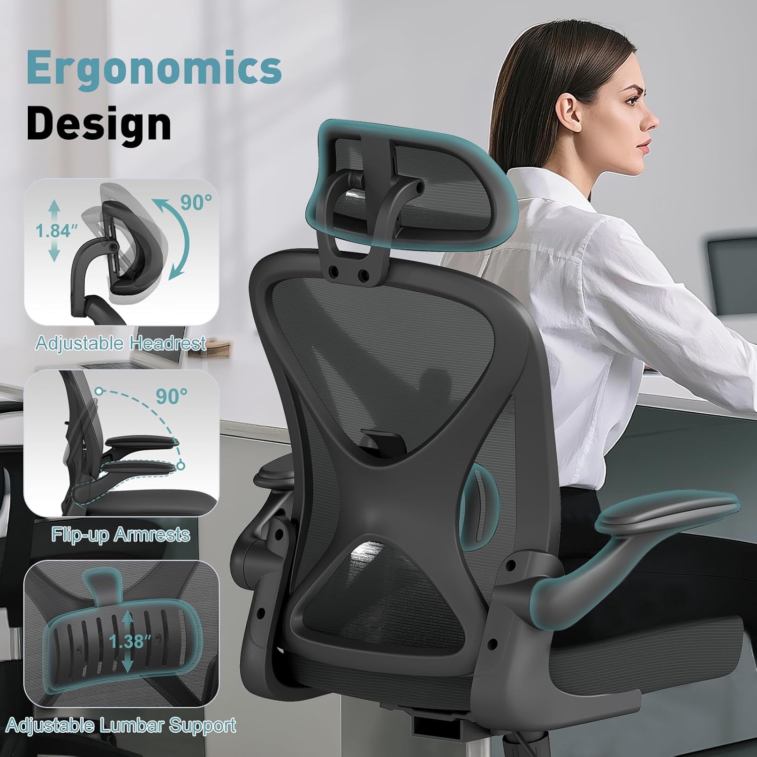 ZZH Ergonomic Office Chair Set of 6 with Adjustable Lumbar Support and Headrest, Mesh Home Office Desk Chair with Wheels and Flip-up Arms, Black