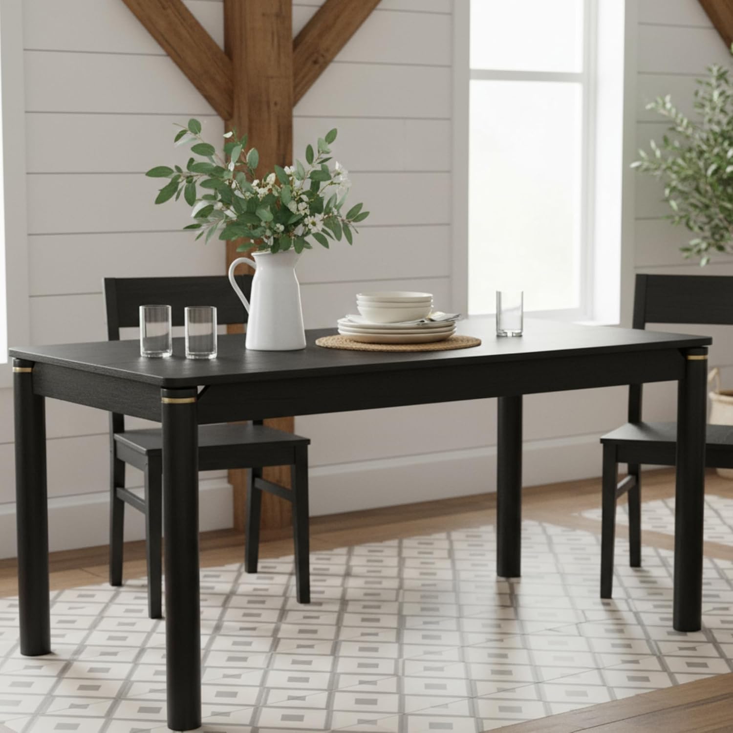 Solid Wood Dining Table for 4-6, 63 Inch Mid Century Modern Rectangular Kitchen Table with Gold Ring Decoration, Farmhouse Dinner Table for Dining Room/Home Office/Restaurant, Walnut