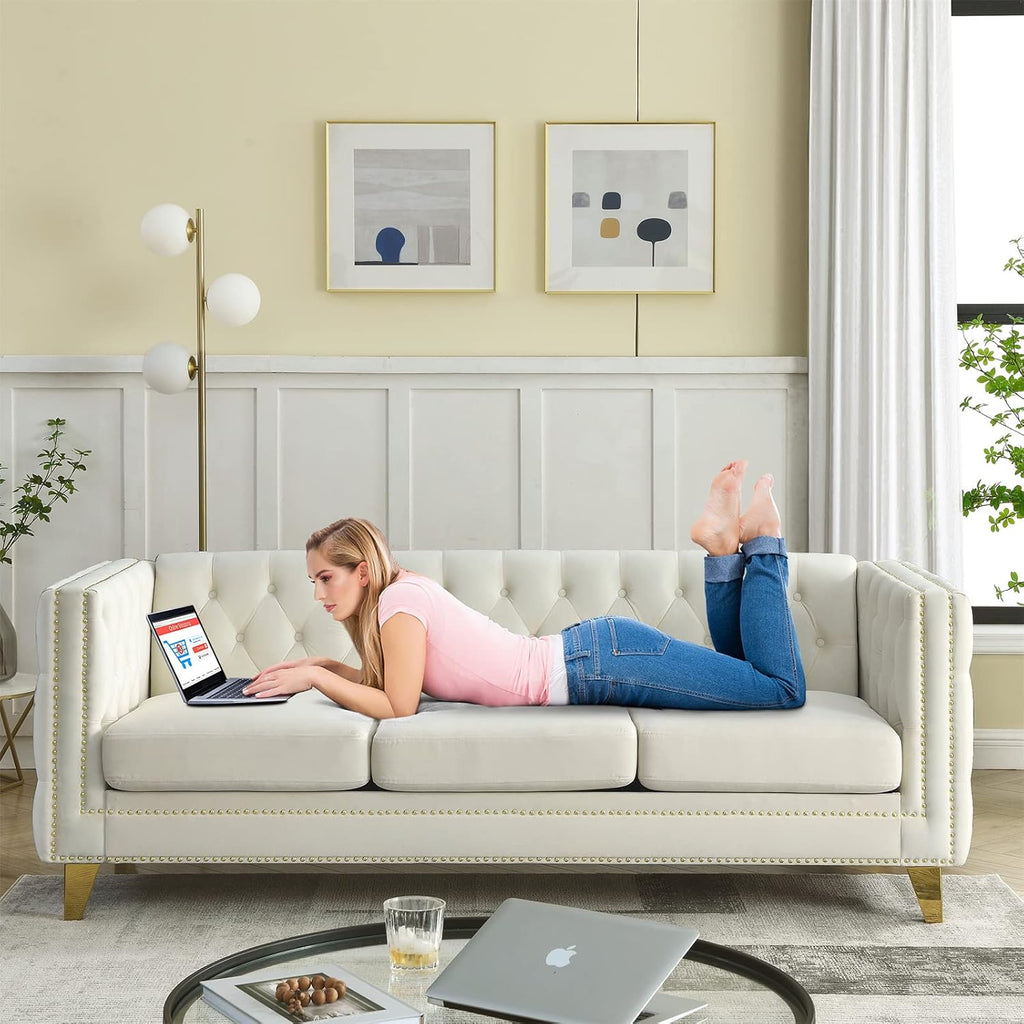 Antetek Comfy Upholstered Couches for Living Room, 80-inch Modern Button Tufted 3-Seater Sofa w/Square Arm, 4 Golden Metal Legs and Gold Nail Heads for Living Room, Office, Apartment, Beige