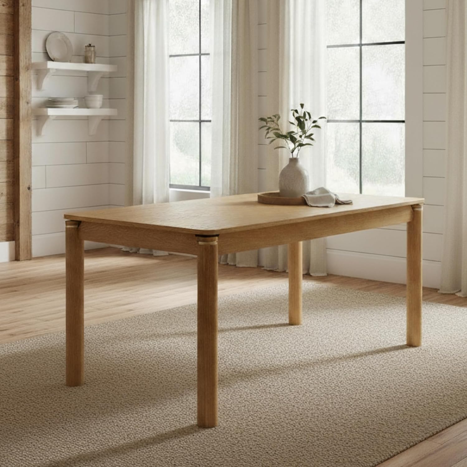 Solid Wood Dining Table for 4-6, 63 Inch Mid Century Modern Rectangular Kitchen Table with Gold Ring Decoration, Farmhouse Dinner Table for Dining Room/Home Office/Restaurant, Walnut