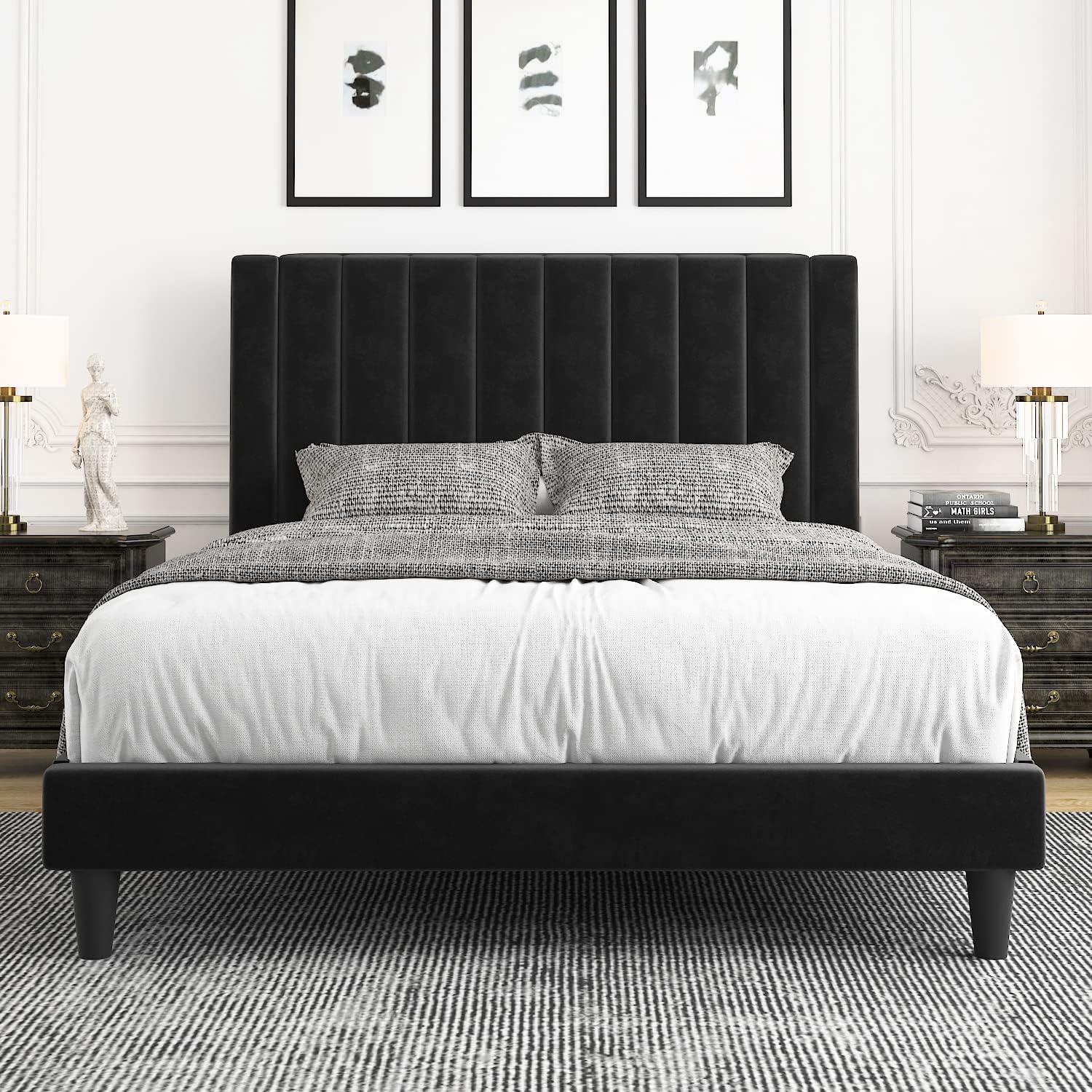 Allewie Queen Bed Frame/Velvet Upholstered Bed Frame with Vertical Channel Tufted Headboard/Strong Wooden Slats/Platform Bed Frame/Mattress Foundation/Box Spring Optional/Easy Assembly/White