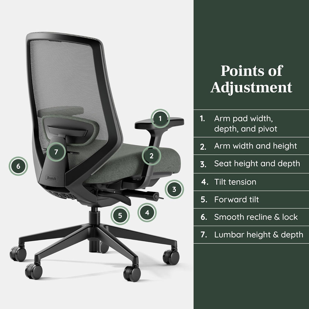 Branch Ergonomic Chair Pro - Mesh Office Chair with 14 Points of Adjustment - Height, Depth & Tilt Adjustable - 5D Armrests - Forward Tilt, Smooth Recline, and Lumbar Support - Everglade