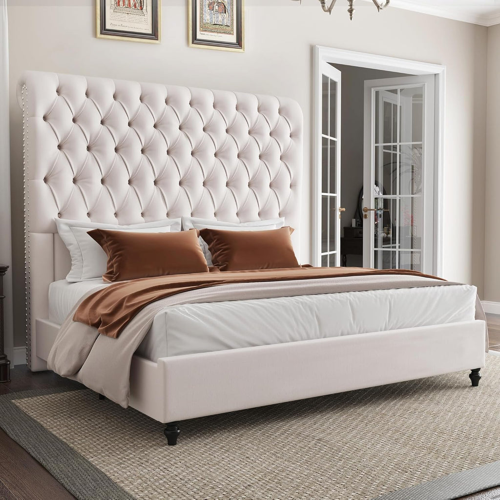 AMERLIFE Queen Size Bed Frame with 59" Tall Wingback Headboard, Velvet Upholstered Platform, Button Tufted Sleigh Design, No Box Spring Needed,Cream